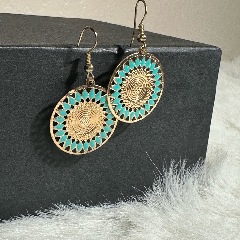 Gold and Turquoise Bohemian Dangle Earrings